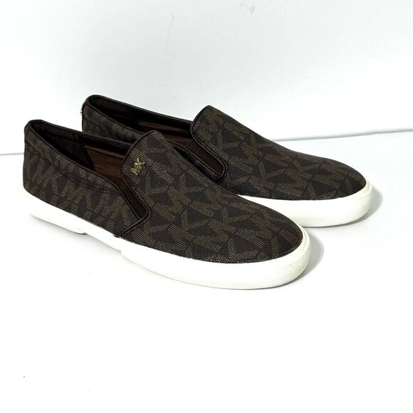 Michael Kors Boerum Double Gore MK Signature Logo Print PVC Slip On Shoe 8 Brown - Picture 1 of 8